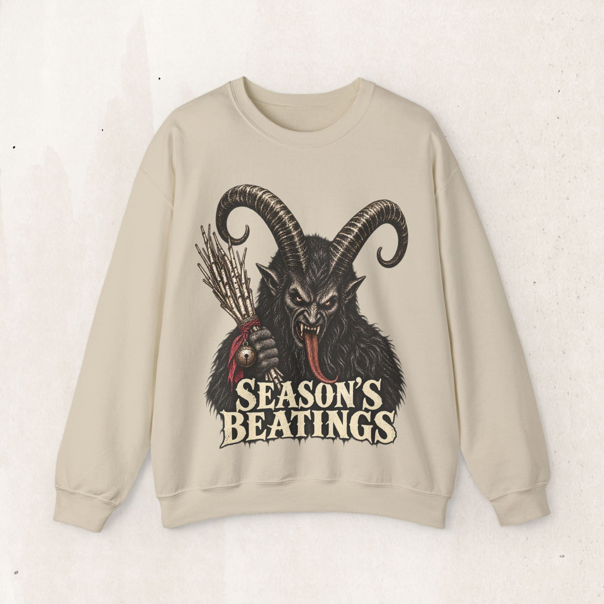 Wicked Thread Society beige crewneck sweatshirt featuring a detailed Krampus illustration and Seasons Beatings text.