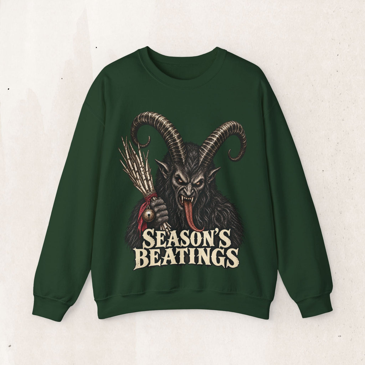 Wicked Thread Society dark green crewneck sweatshirt featuring a detailed Krampus illustration and Seasons Beatings text