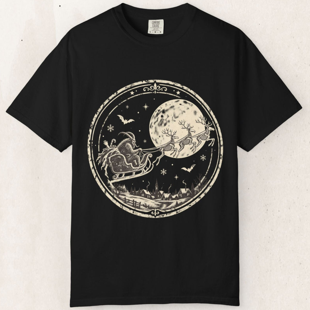 Wicked Thread Society black heavyweight cotton t-shirt featuring a vintage Krampus sleigh and moon graphic print.