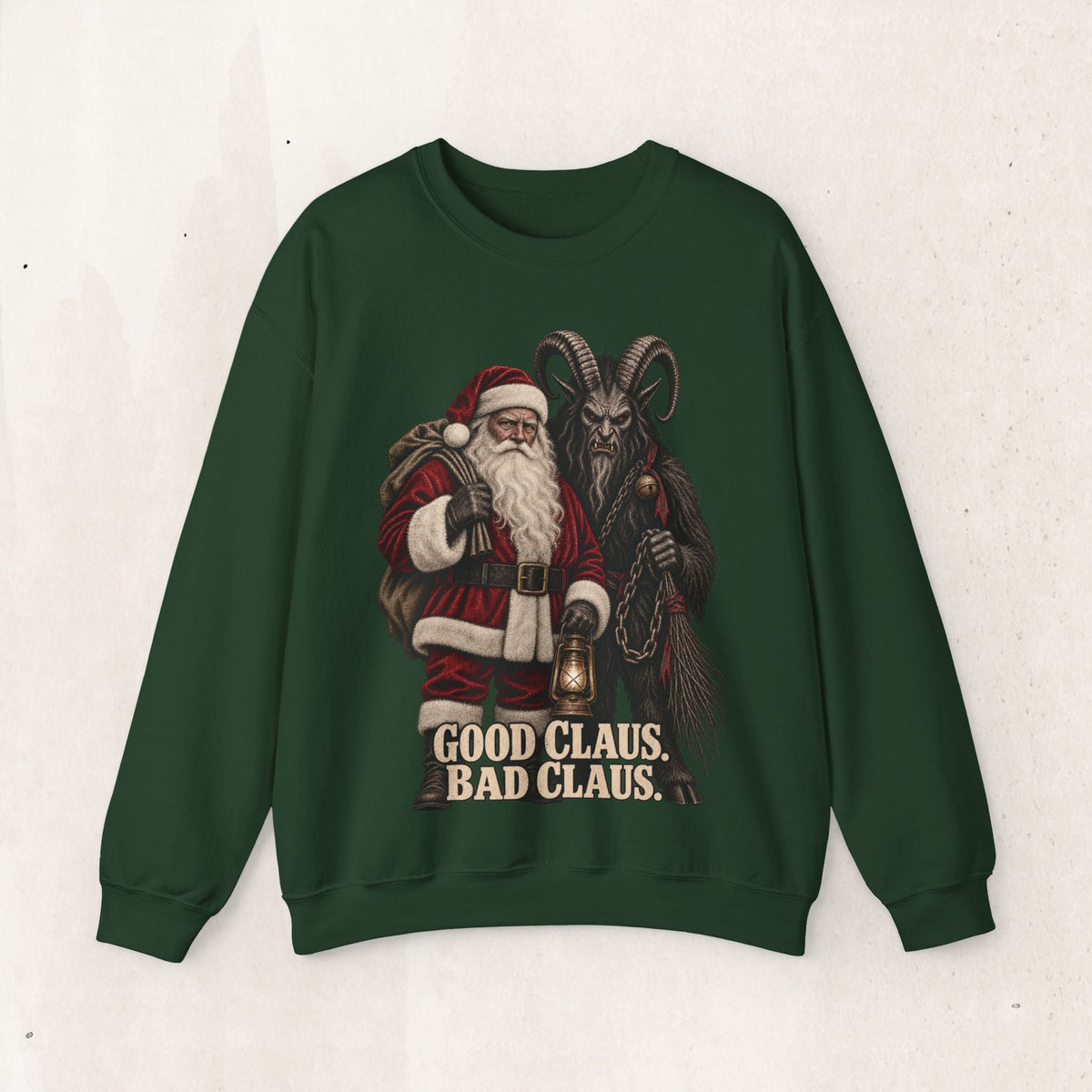 Wicked Thread Society dark green crewneck sweater featuring a graphic of Santa Claus and Krampus with vintage text.