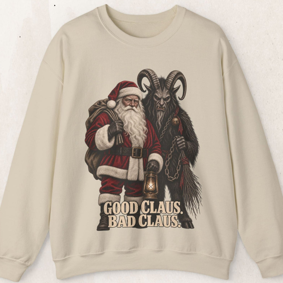 Wicked Thread Society beige crewneck sweater featuring a vintage-style graphic of Santa Claus and Krampus