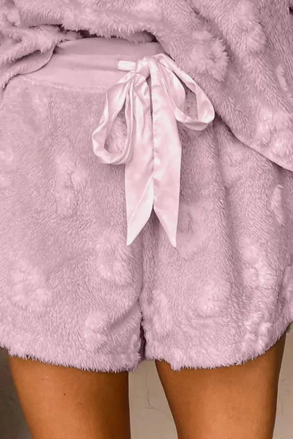 Wicked Thread Society lavender fuzzy lounge shorts with a satin ribbon drawstring waist in soft polyester fabric