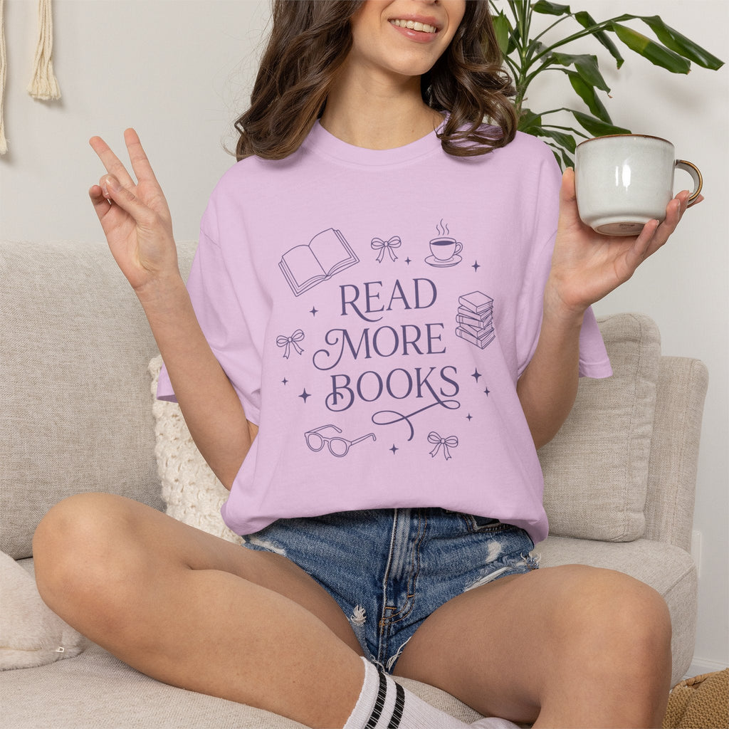 Wicked Thread Society relaxed lavender cotton tee with Read More Books graphic, worn by a woman holding a mug.