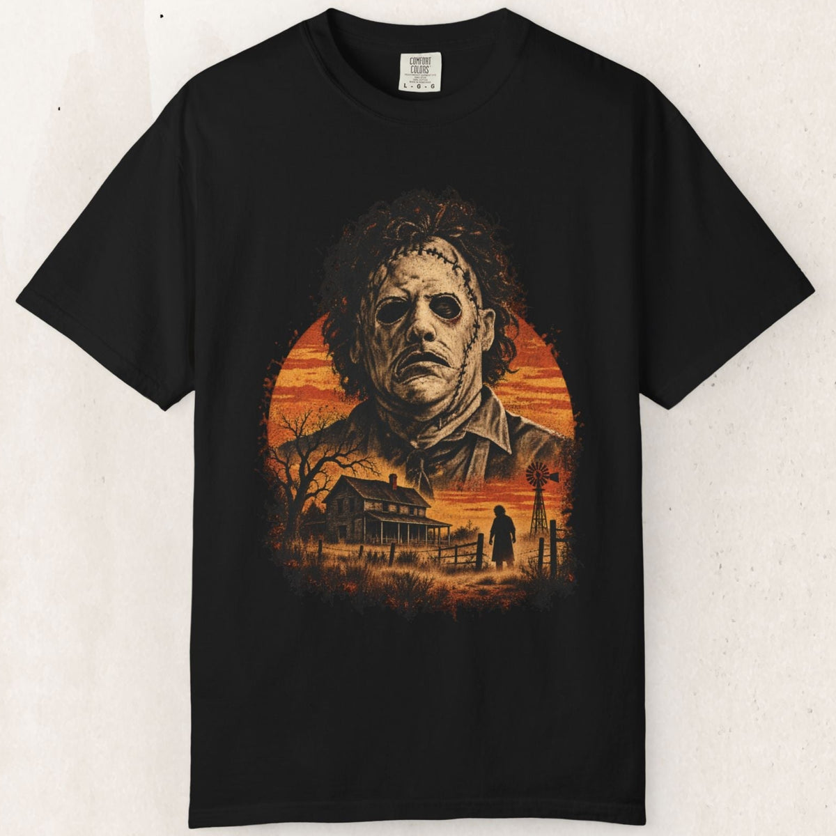 Leatherface Vintage Horror Tee – Sunset Farmhouse Graphic – Black