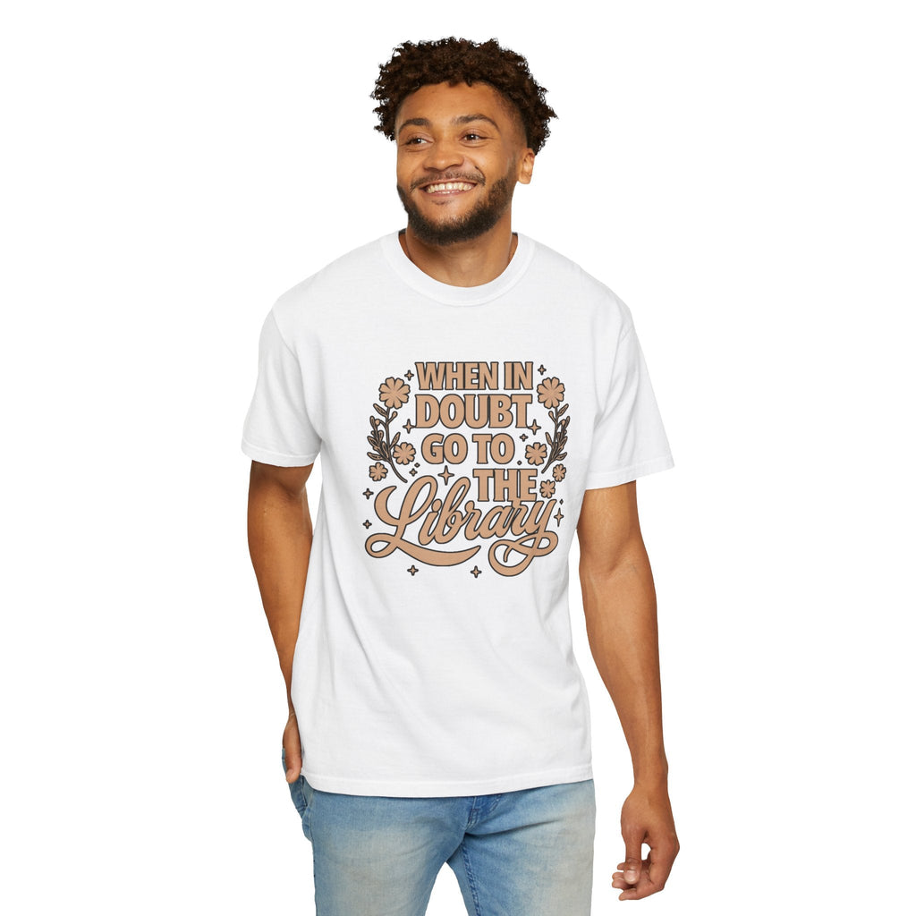 Wicked Thread Society white cotton graphic tee featuring When in Doubt Go to the Library text with floral accents
