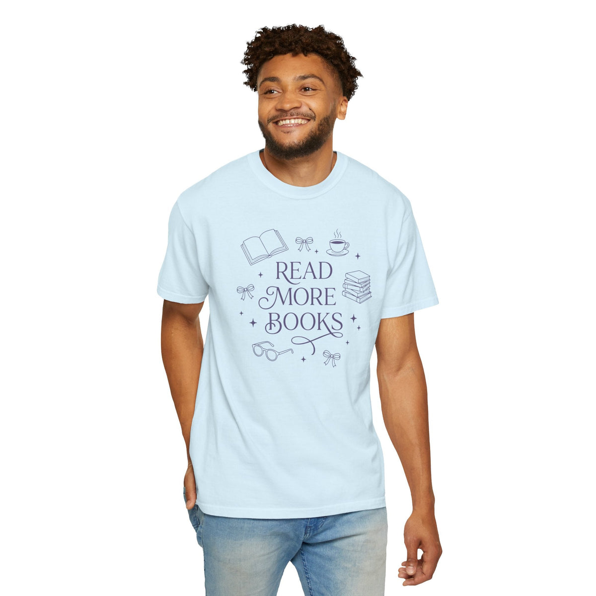 Wicked Thread Society light blue cotton graphic tee with Read More Books illustration worn by a smiling man