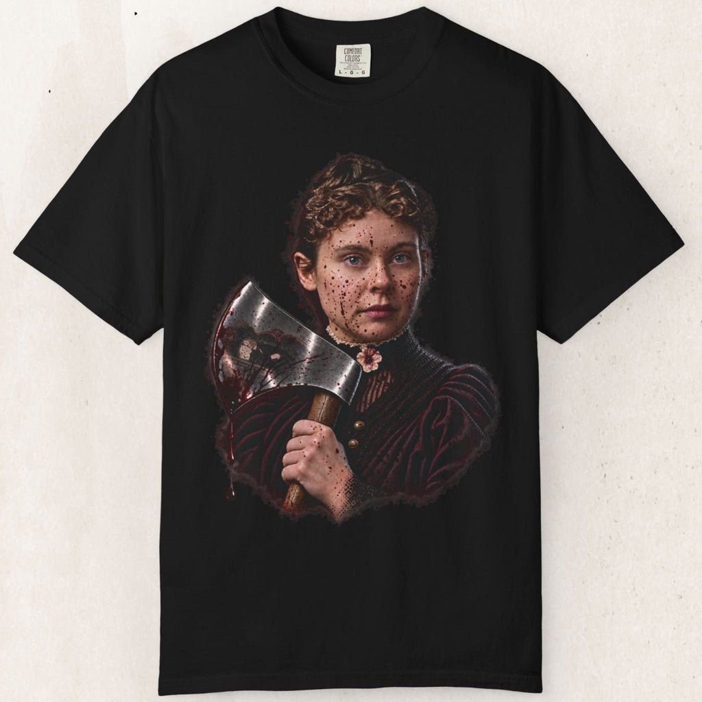 Wicked Thread Society black graphic t-shirt featuring a detailed, macabre portrait of Lizzie Borden holding an axe.