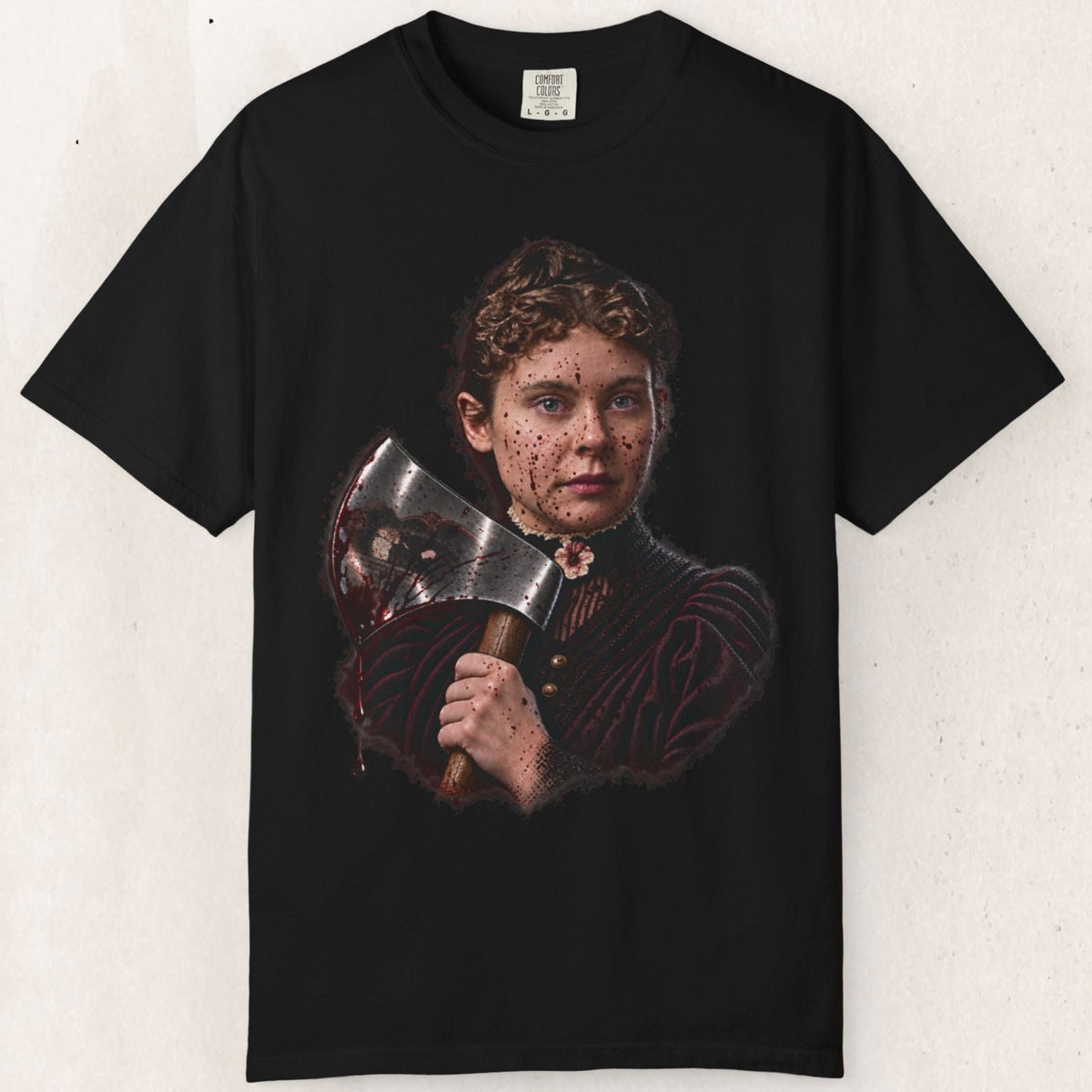 Wicked Thread Society black graphic t-shirt featuring a detailed, macabre portrait of Lizzie Borden holding an axe.