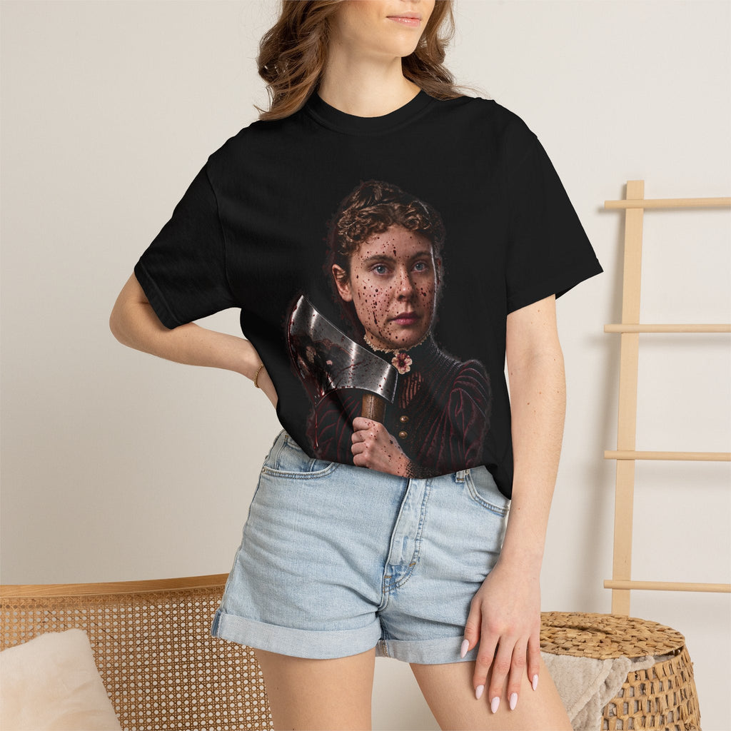 Wicked Thread Society black graphic tee featuring a detailed portrait of Lizzie Borden holding an axe