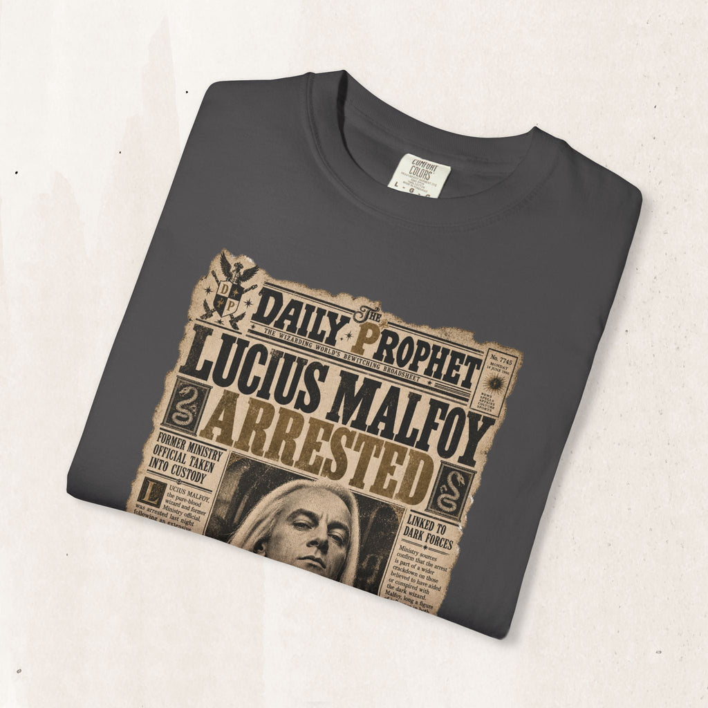 Wicked Thread Society charcoal grey graphic tee featuring a vintage Daily Prophet newspaper print of Lucius Malfoy.