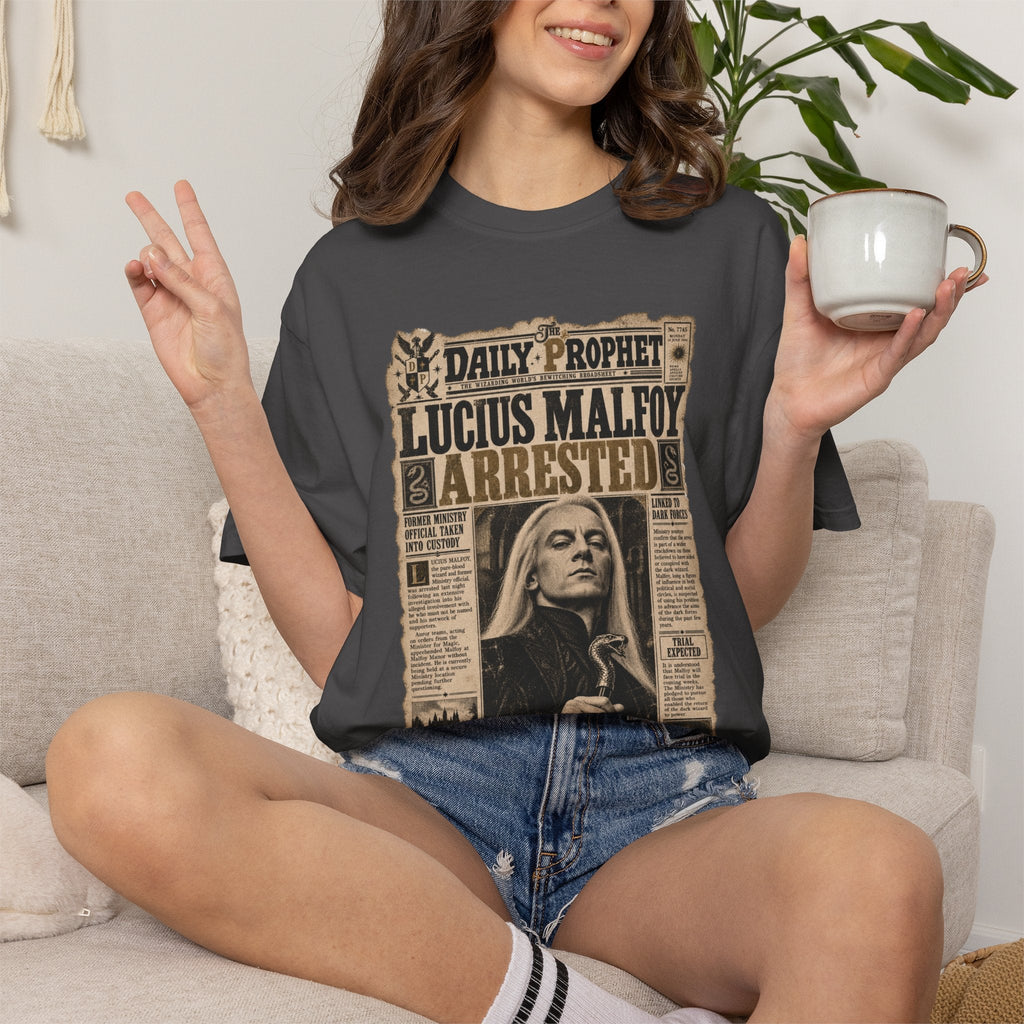 Wicked Thread Society charcoal grey crew neck graphic tee featuring a vintage Daily Prophet Lucius Malfoy print.