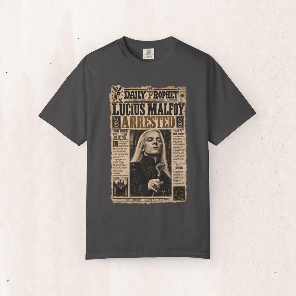 Wicked Thread Society charcoal grey crew neck t-shirt featuring a vintage Daily Prophet Lucius Malfoy arrest graphic.