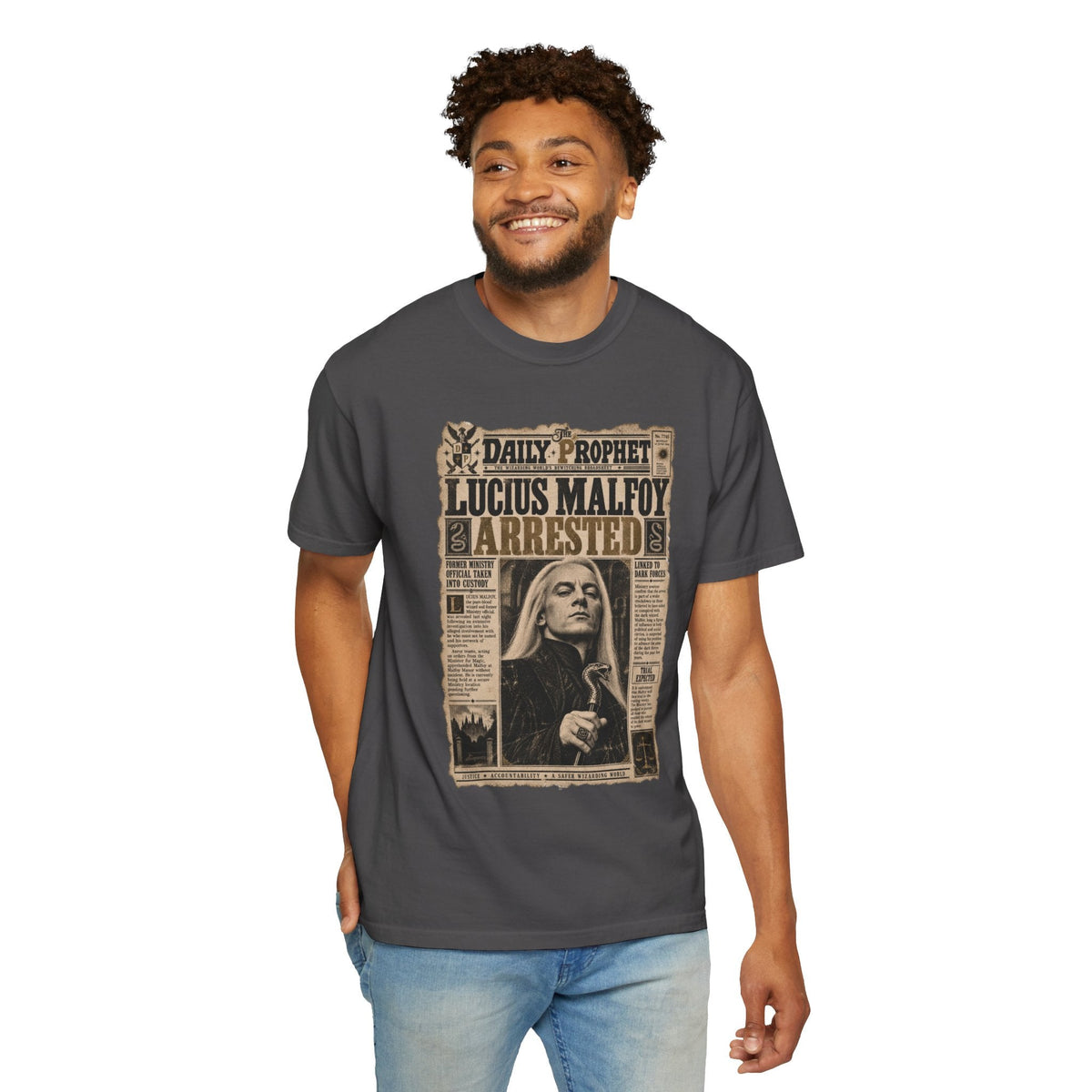 Wicked Thread Society charcoal grey crew neck t-shirt featuring a vintage Daily Prophet Lucius Malfoy arrest graphic.