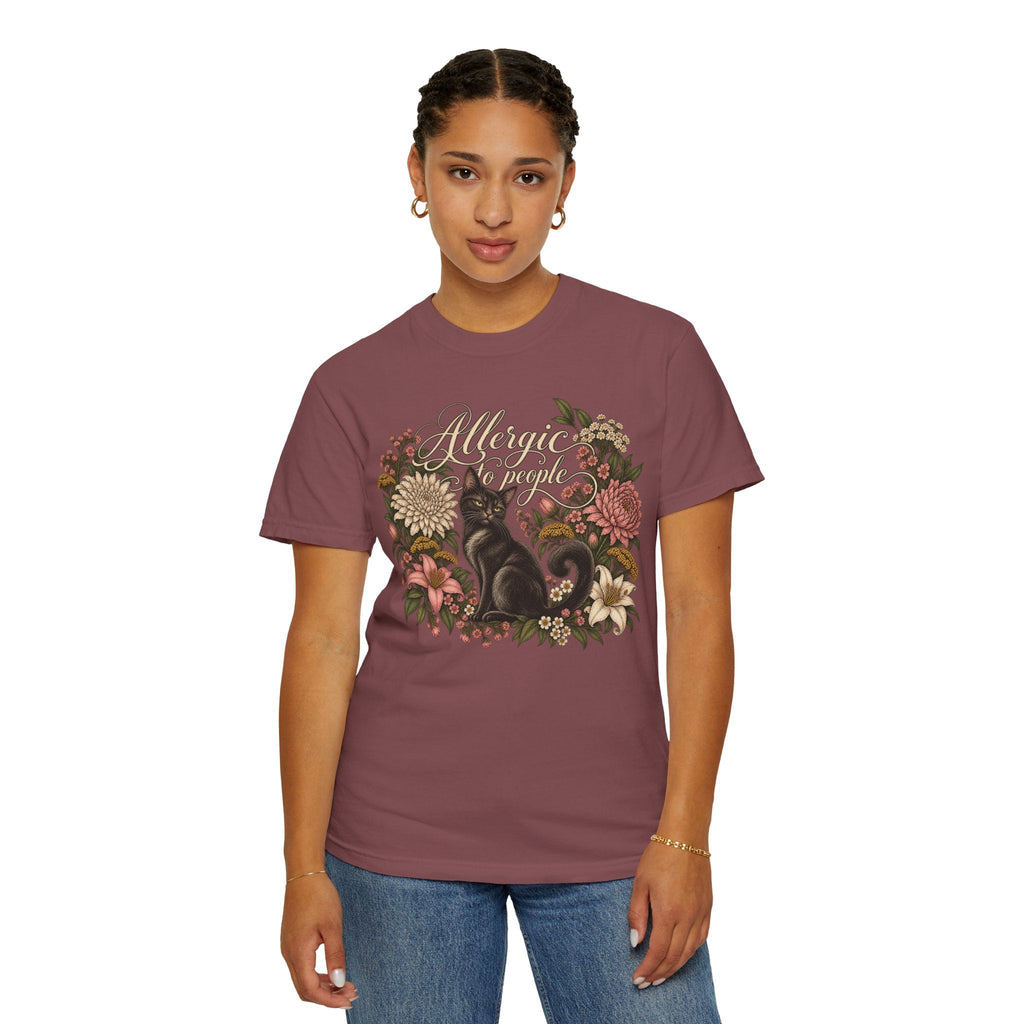 Wicked Thread Society maroon t-shirt featuring a black cat illustration surrounded by a vintage floral wreath