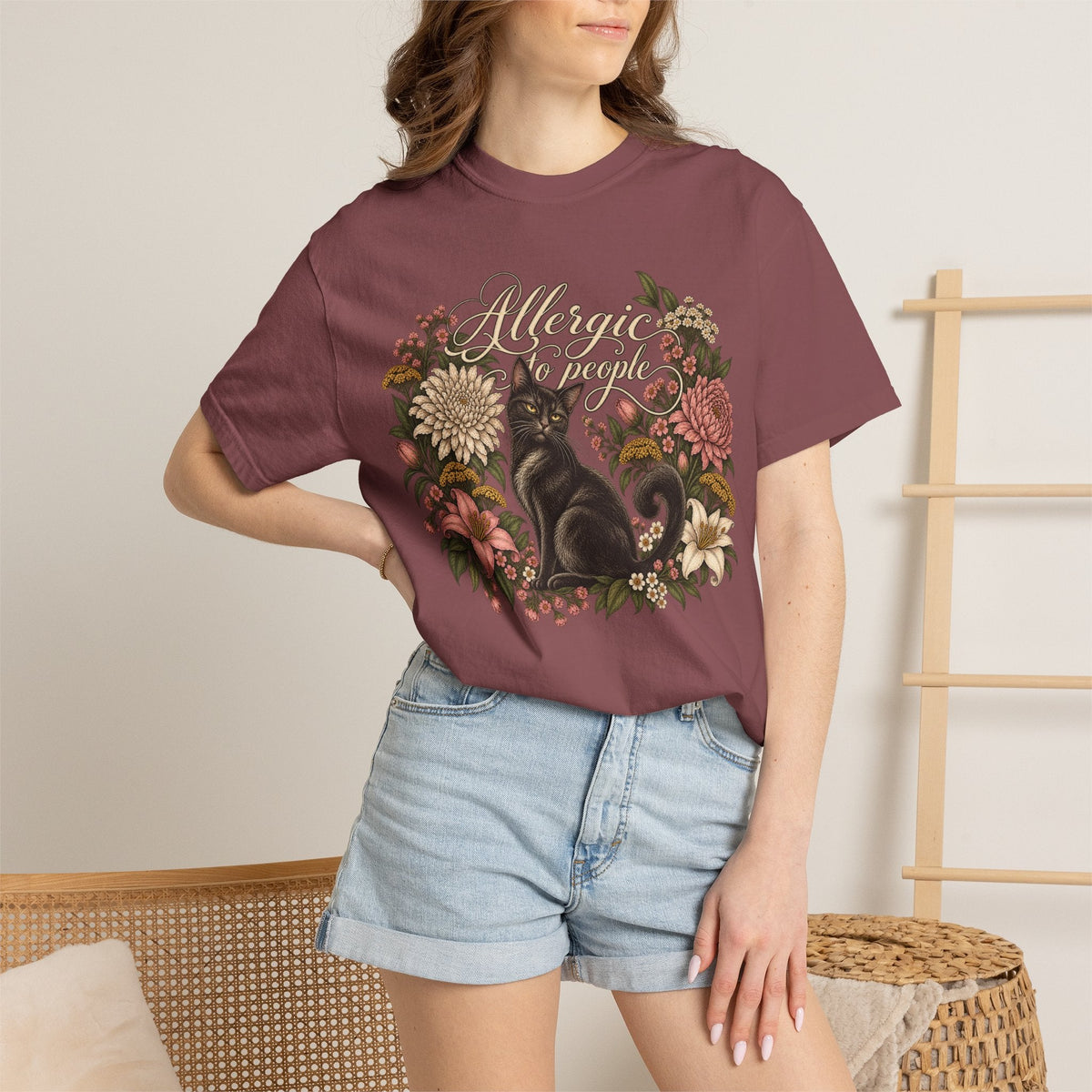 Wicked Thread Society maroon graphic t-shirt featuring a black cat and floral wreath with Allergic to People text.