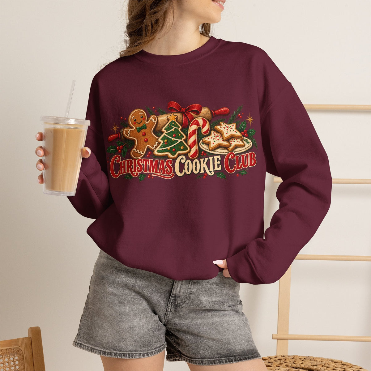 Wicked Thread Society maroon crewneck sweatshirt with Christmas cookie graphic, gingerbread men, and candy canes.