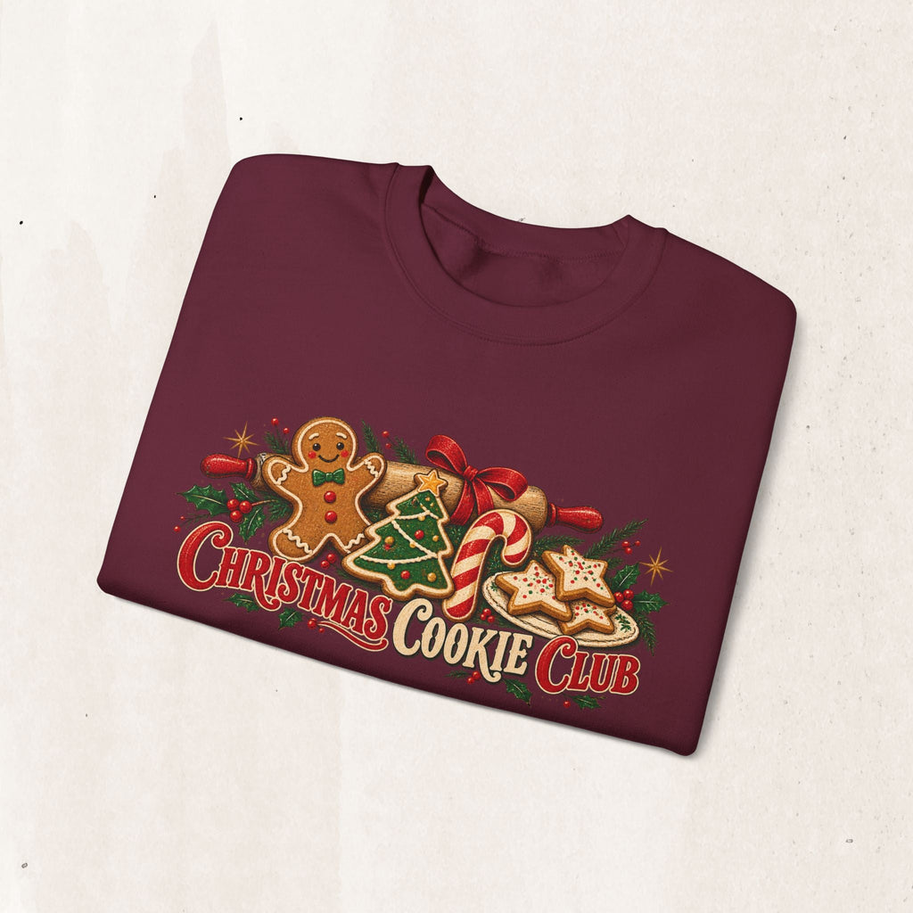 Wicked Thread Society maroon crewneck sweatshirt with a festive Christmas Cookie Club graphic of holiday treats.
