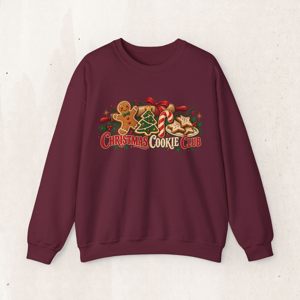 Wicked Thread Society maroon crewneck sweatshirt featuring a festive Christmas Cookie Club graphic with holiday treats.