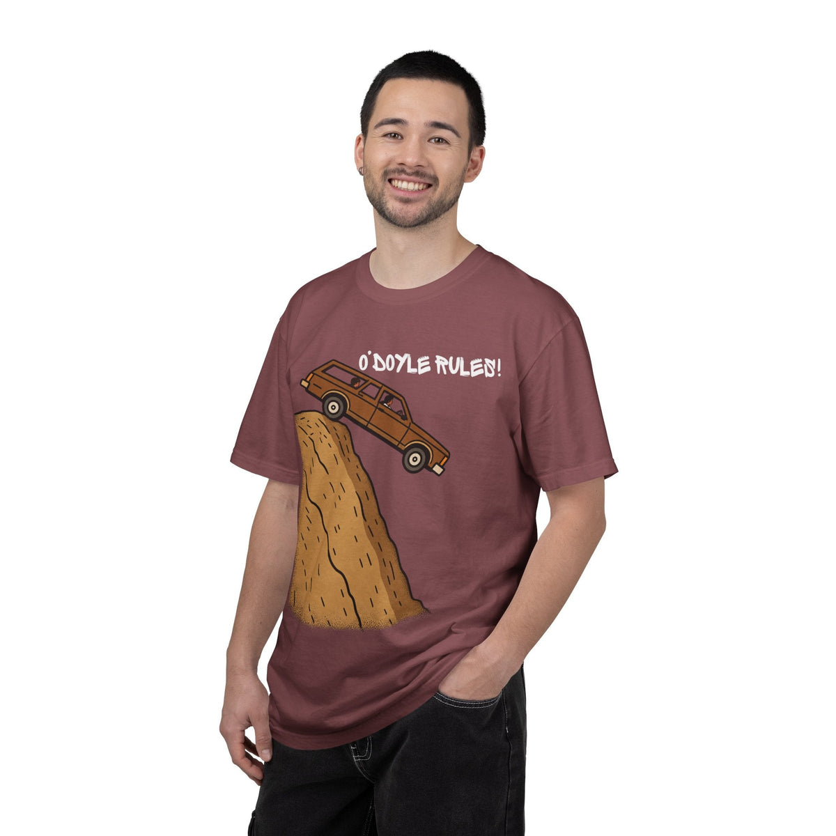 A man wearing a Wicked Thread Society garment-dyed maroon graphic tee featuring an O'Doyle Rules woodie wagon design.