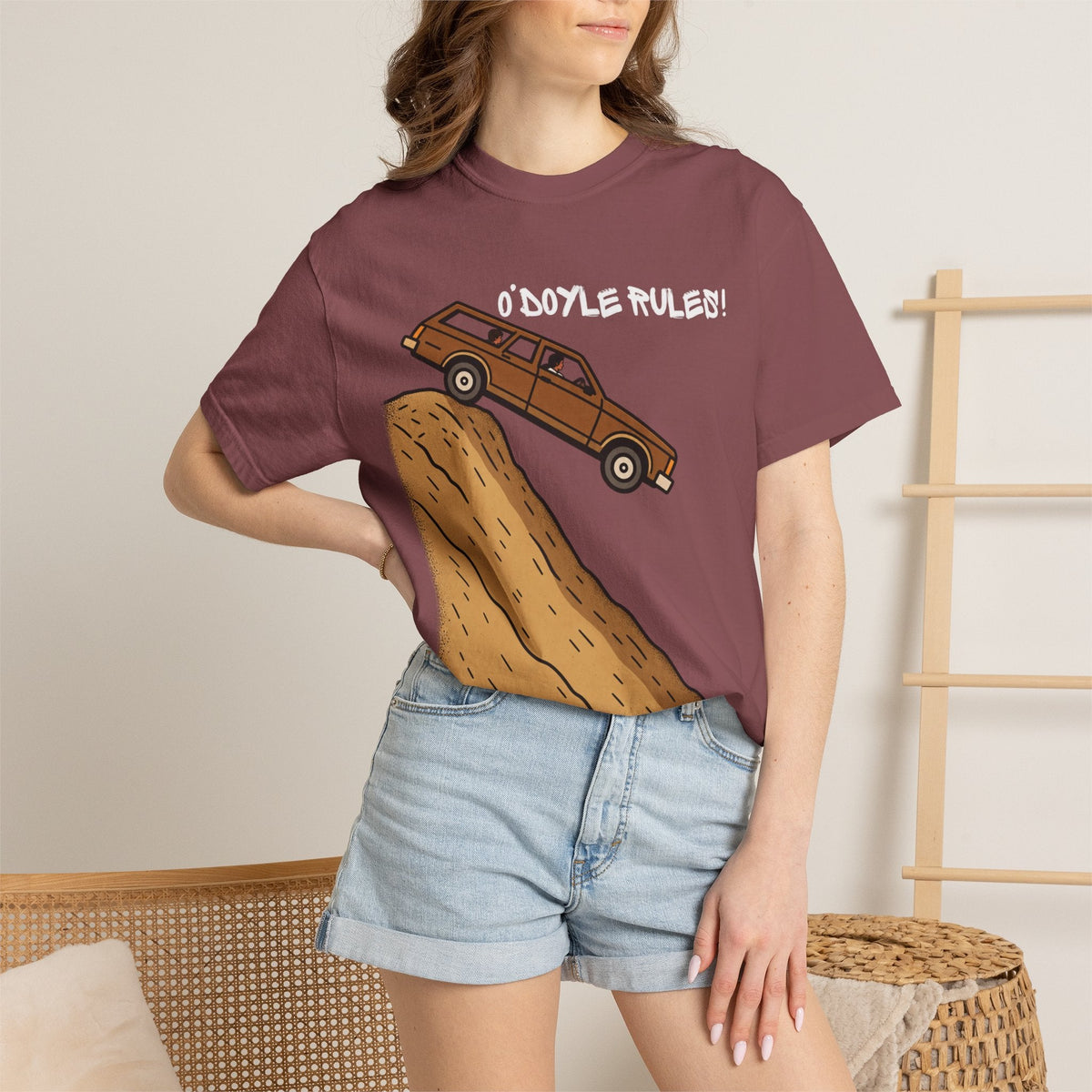 Wicked Thread Society relaxed-fit maroon cotton graphic tee featuring a wood-paneled wagon on a sandy hill
