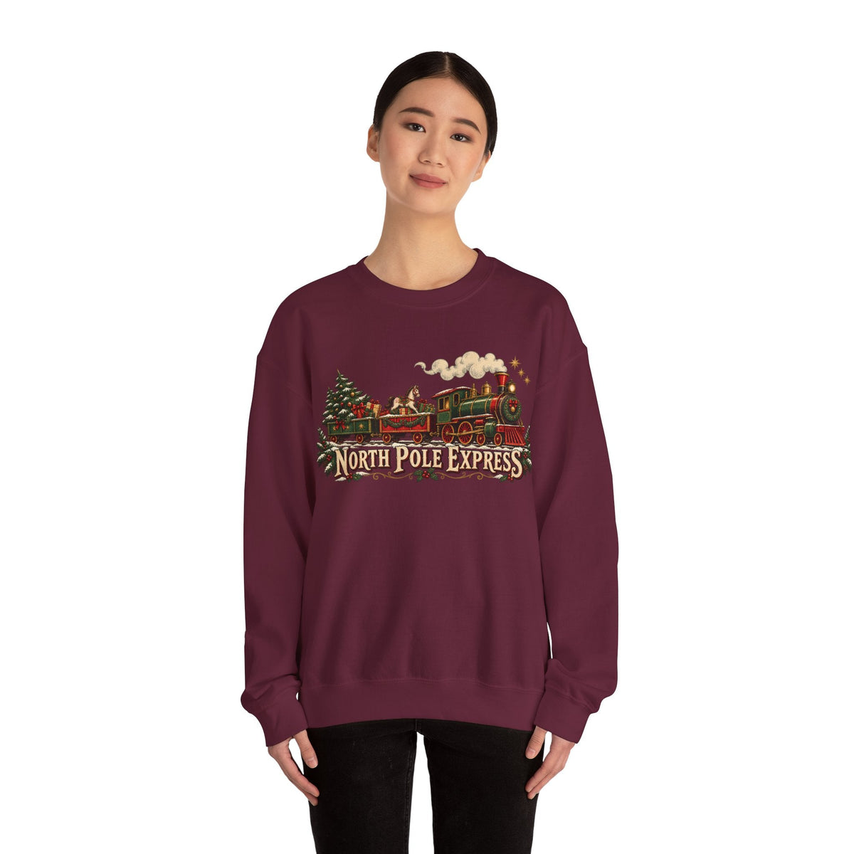 Wicked Thread Society maroon crewneck sweatshirt with a vintage North Pole Express steam train holiday graphic.