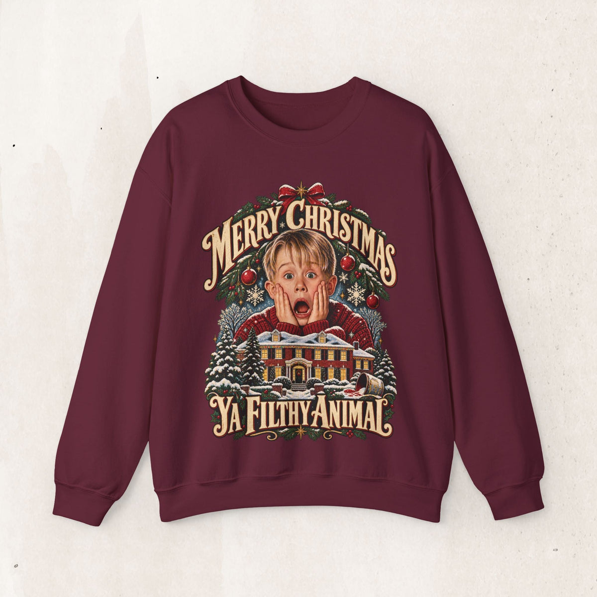 Wicked Thread Society burgundy crewneck sweatshirt featuring a nostalgic Home Alone Christmas graphic on the front.