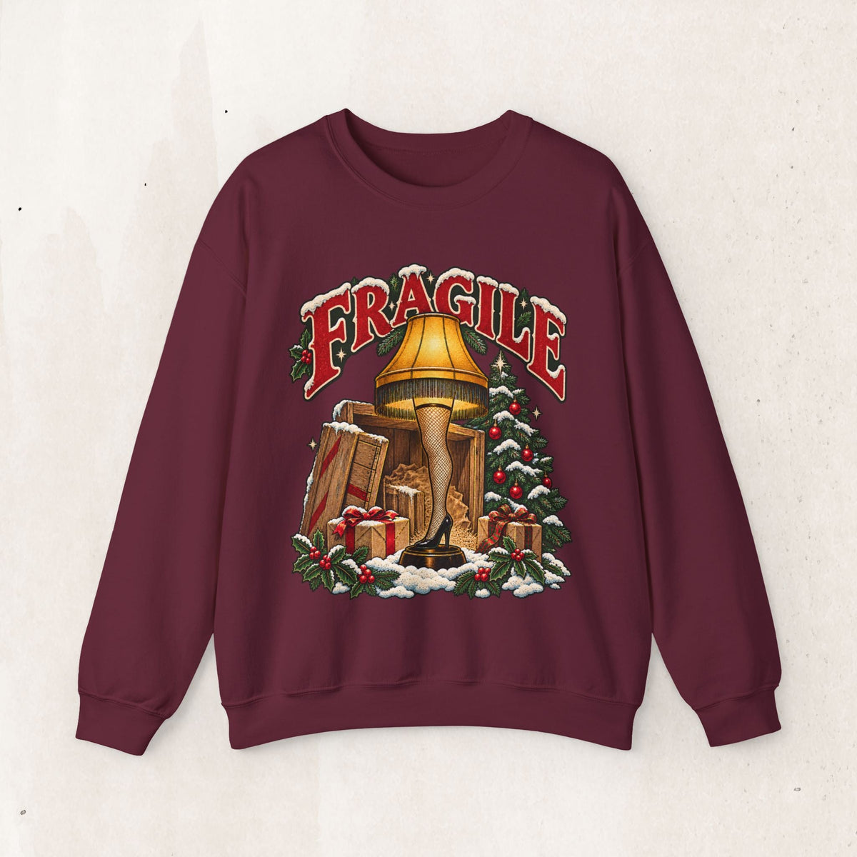 Wicked Thread Society maroon crewneck sweatshirt featuring a vintage A Christmas Story leg lamp graphic with FRAGILE