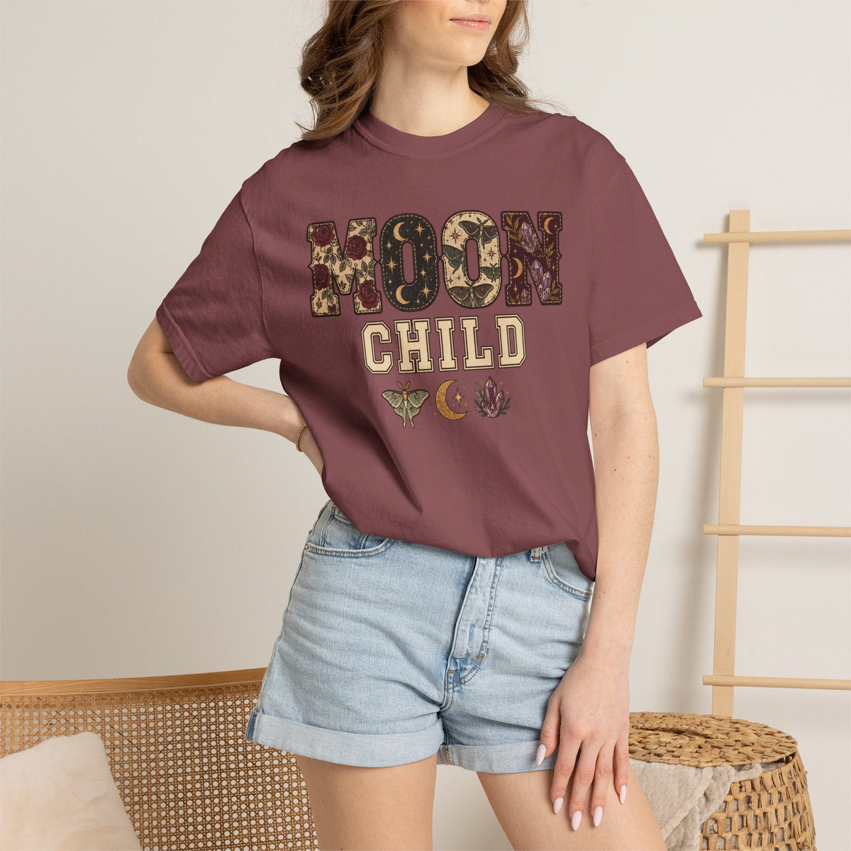 Wicked Thread Society maroon heavyweight cotton t-shirt with Moon Child floral graphic and celestial motifs on a model