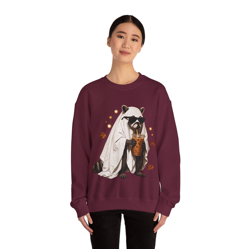 Wicked Thread Society maroon crewneck sweatshirt featuring a raccoon in a ghost costume drinking boba tea.