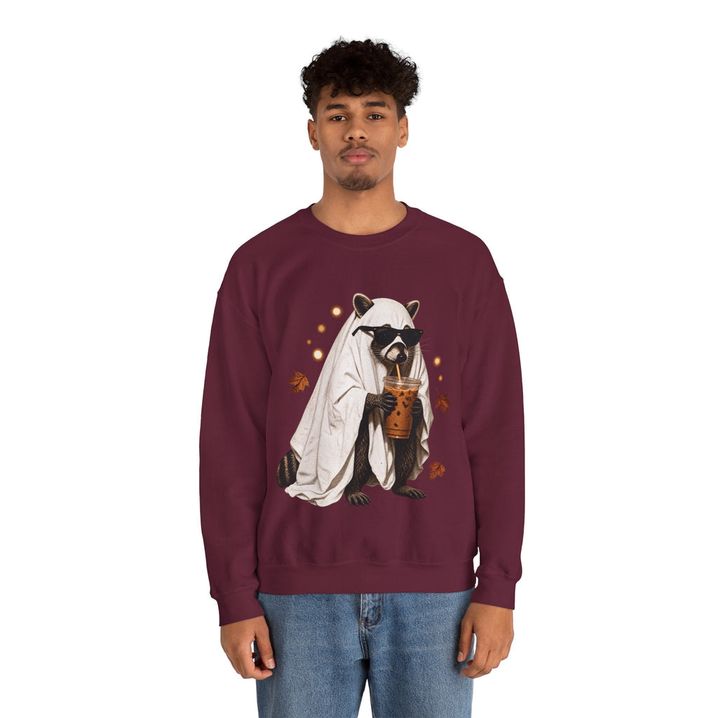 Wicked Thread Society maroon crewneck sweatshirt featuring a raccoon in a ghost costume drinking boba tea