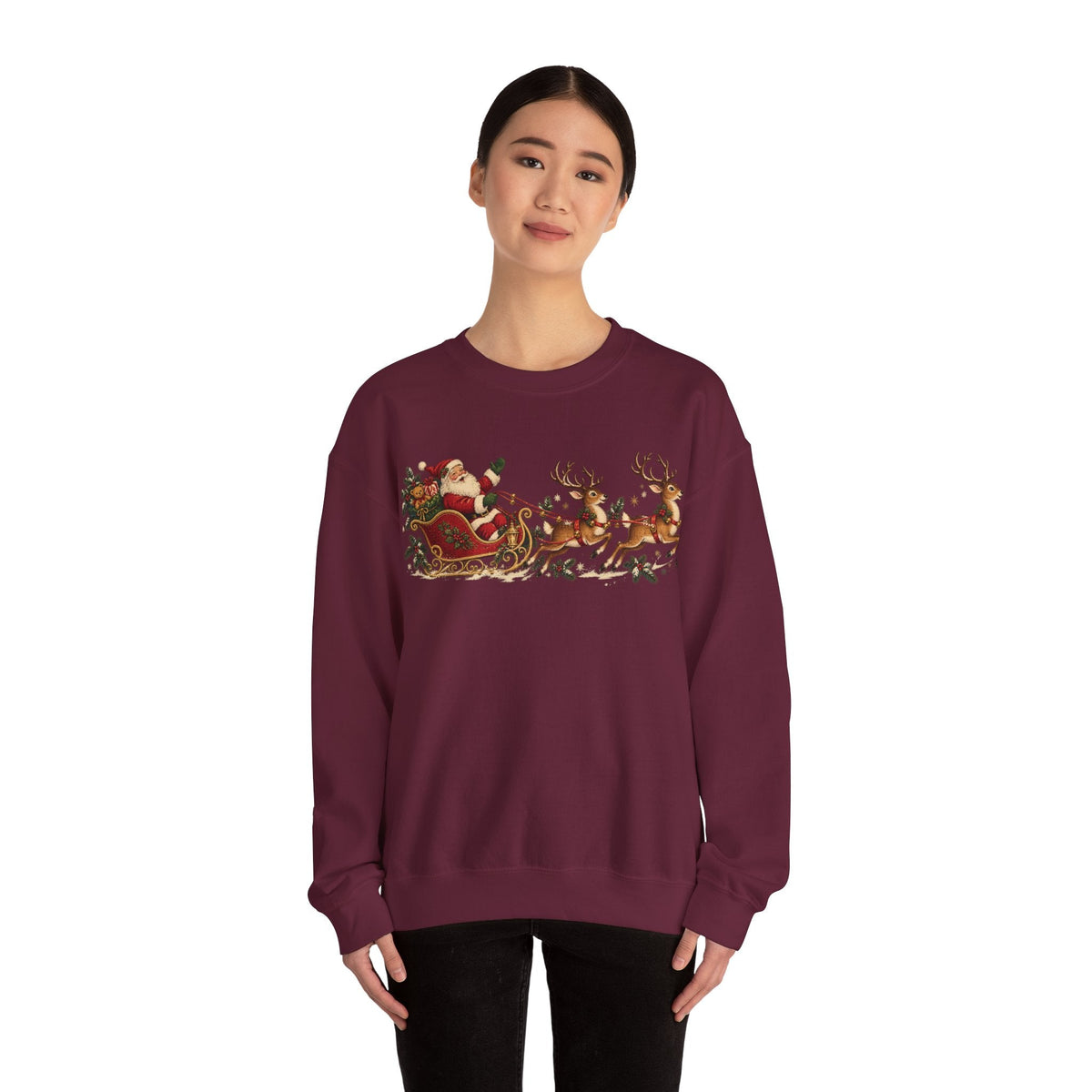 Wicked Thread Society maroon crewneck sweatshirt featuring a vintage Santa and reindeer sleigh print on the chest.