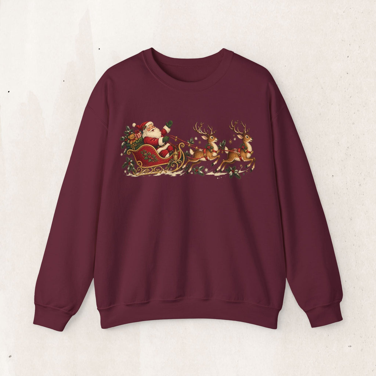 Wicked Thread Society maroon crewneck sweatshirt featuring a vintage-style Santa in a sleigh with reindeer print.