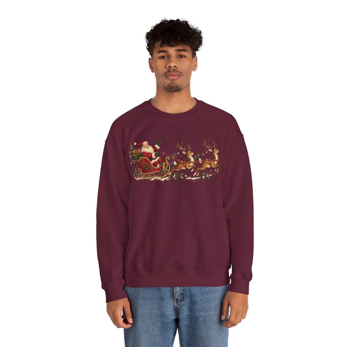 Wicked Thread Society maroon crewneck sweatshirt featuring a vintage Santa sleigh and reindeer print on a male model.