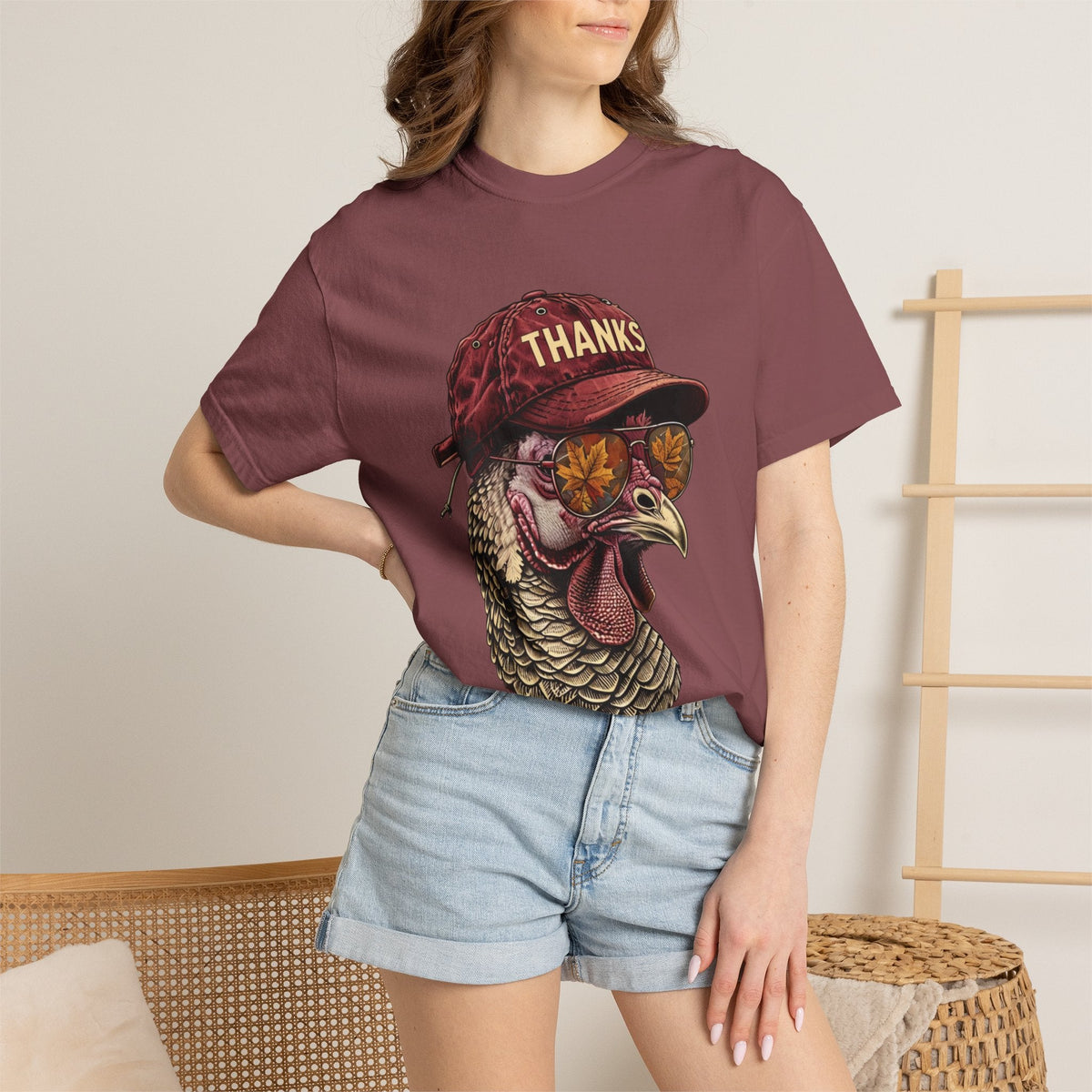 Wicked Thread Society maroon t-shirt featuring a graphic of a turkey wearing a baseball cap and leaf-patterned glasses