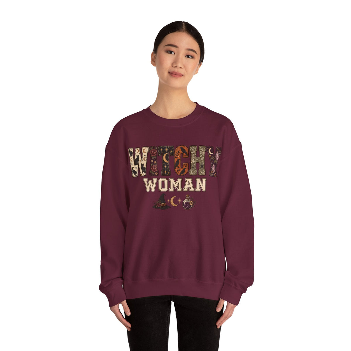 Wicked Thread Society maroon crewneck sweatshirt with Witchy Woman graphic featuring moon and potion bottle icons.