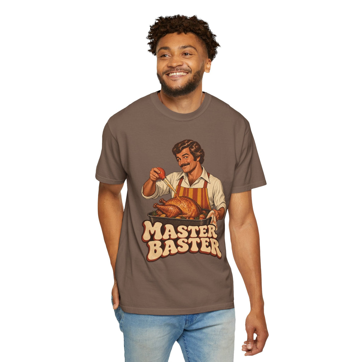 Wicked Thread Society brown heavyweight cotton t-shirt featuring a retro Master Baster turkey roasting illustration