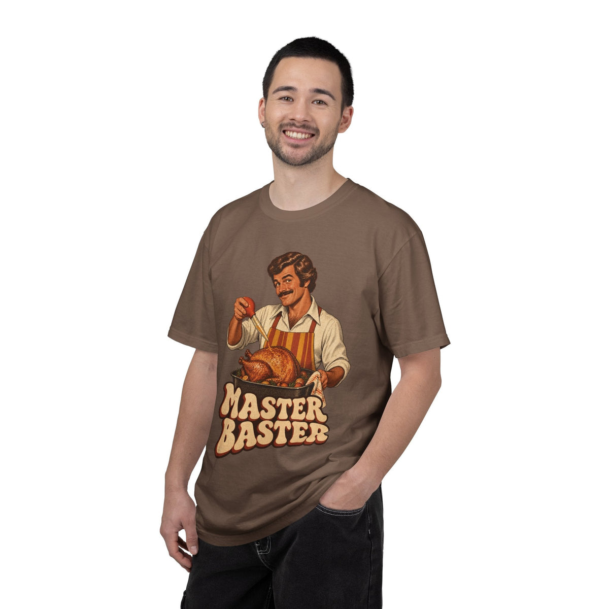 Wicked Thread Society brown heavyweight cotton t-shirt featuring a retro Master Baster turkey roasting illustration.