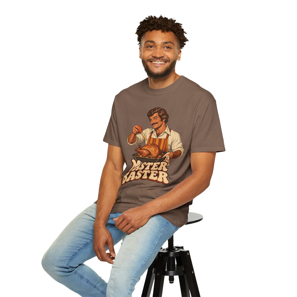 A man wearing a Wicked Thread Society brown heavyweight cotton t-shirt with a retro Master Baster turkey graphic.