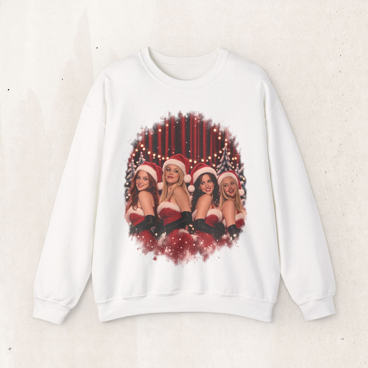 Wicked Thread Society white crewneck sweatshirt featuring a nostalgic Mean Girls Christmas dance scene print.