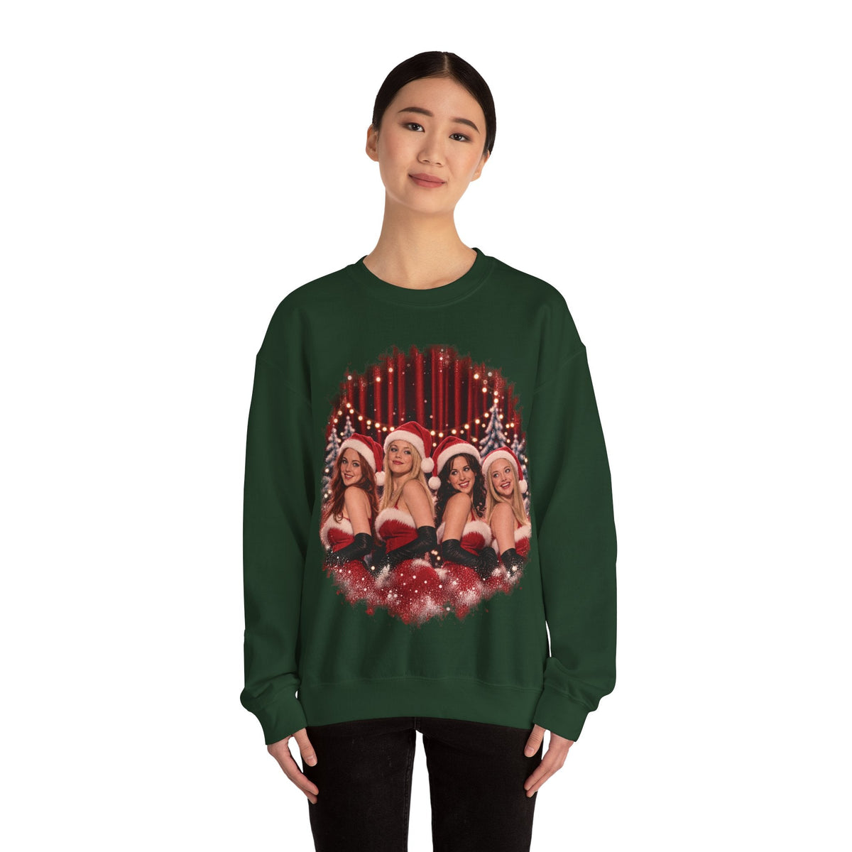 Wicked Thread Society dark green crewneck sweatshirt featuring a Mean Girls Christmas dance scene print on the front.