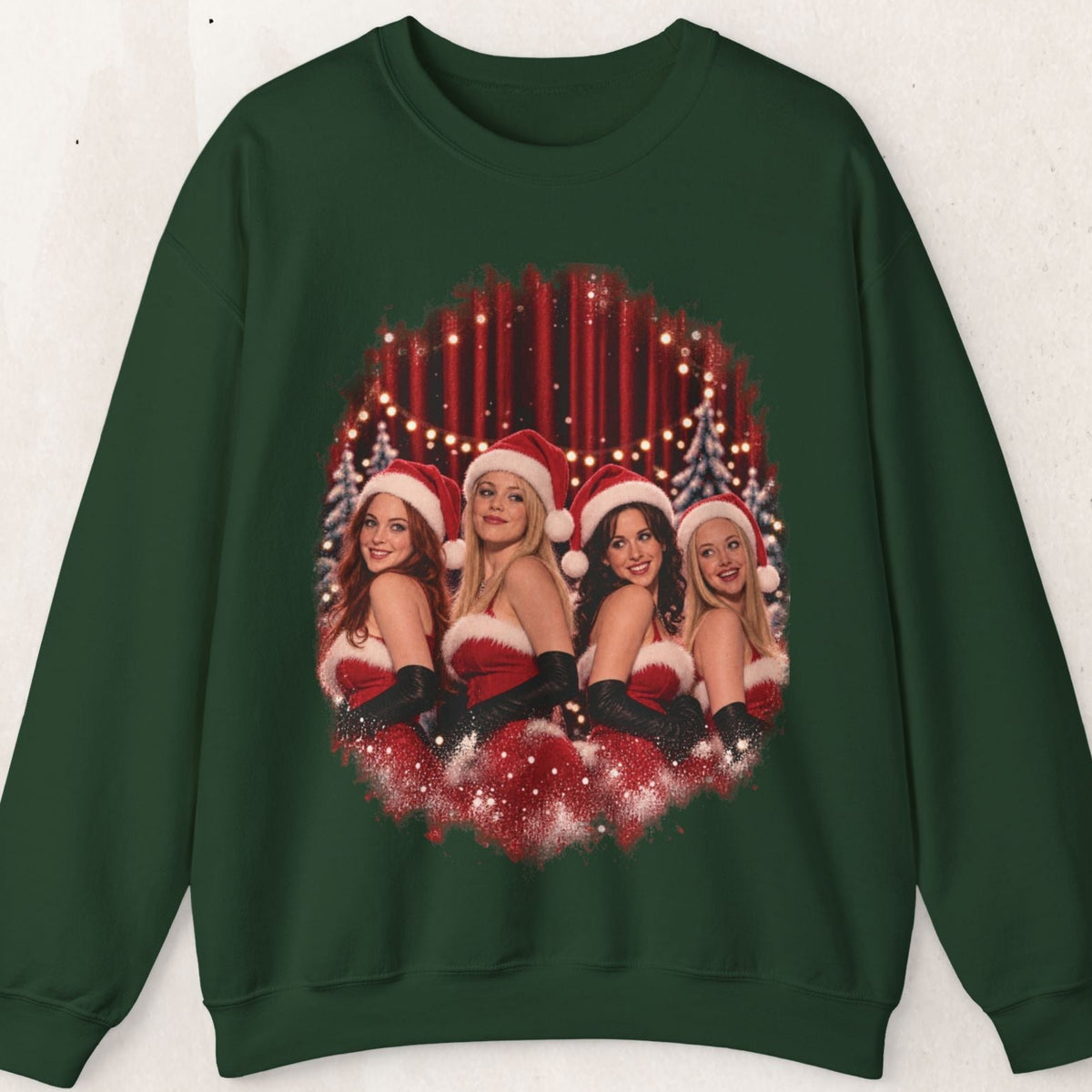 Wicked Thread Society dark green crewneck sweatshirt featuring a nostalgic Mean Girls Christmas dance photo print.