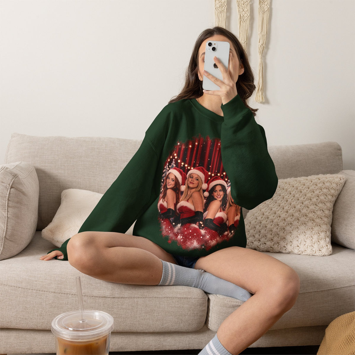 Wicked Thread Society dark green crewneck sweatshirt featuring a nostalgic Mean Girls Christmas dance photo print.
