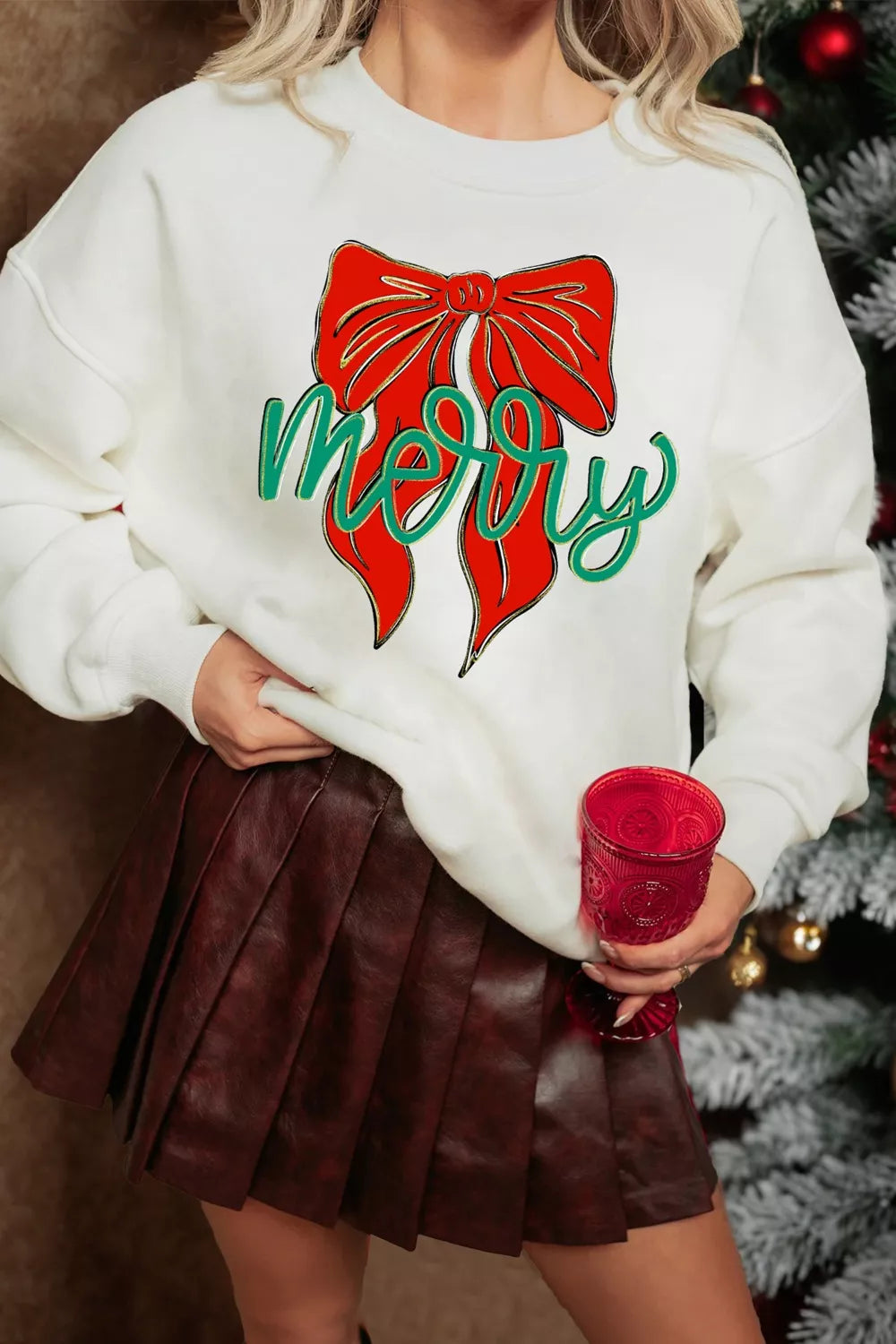 Wicked Thread Society white drop shoulder sweatshirt with red bow and green merry text for Christmas