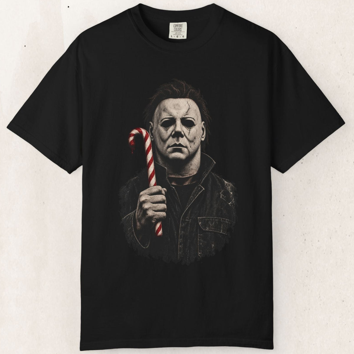 Wicked Thread Society black heavyweight cotton t-shirt featuring a graphic of Michael Myers holding a candy cane.