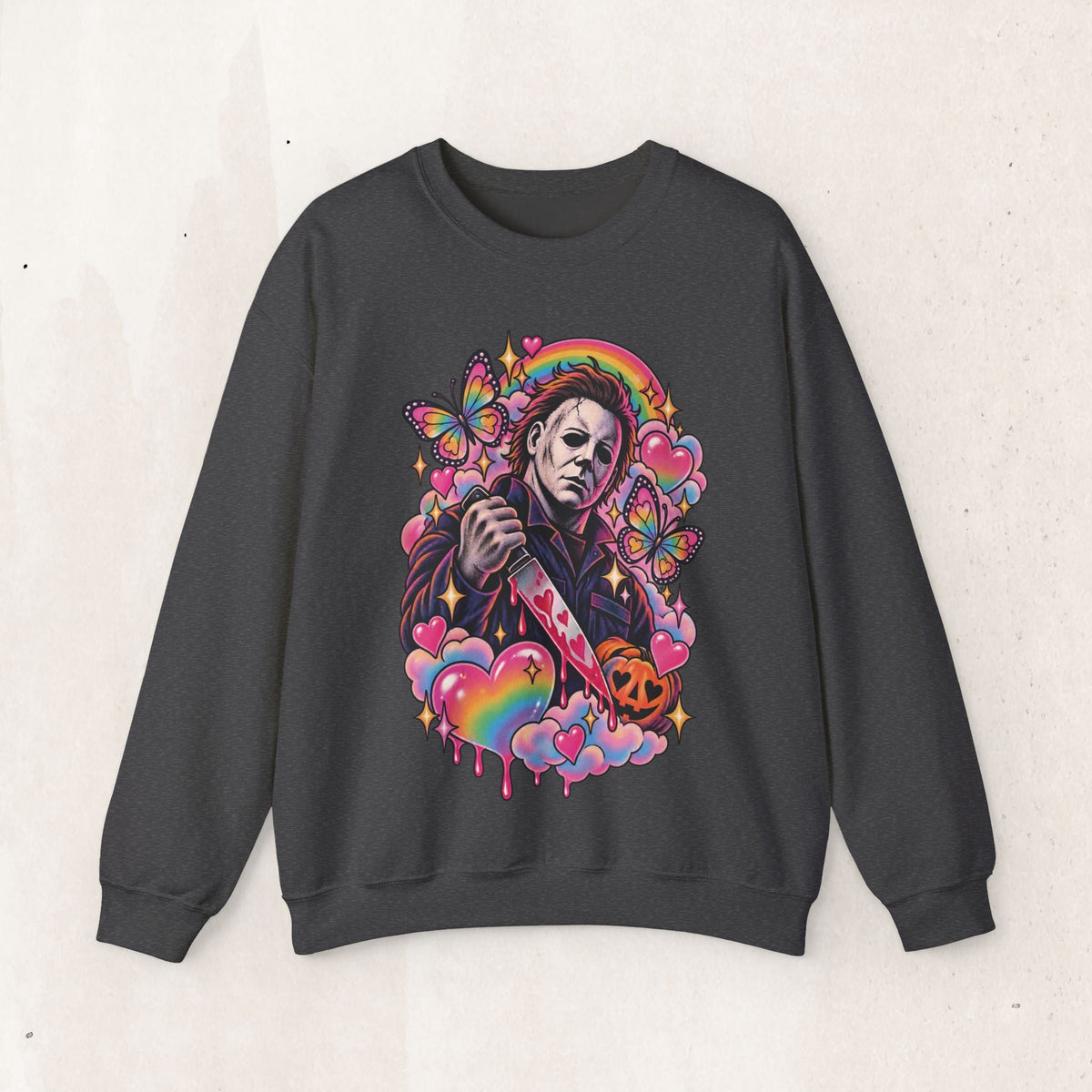 Colorful Michael Myers Horror Heart Crewneck Sweatshirt – Dark Heather