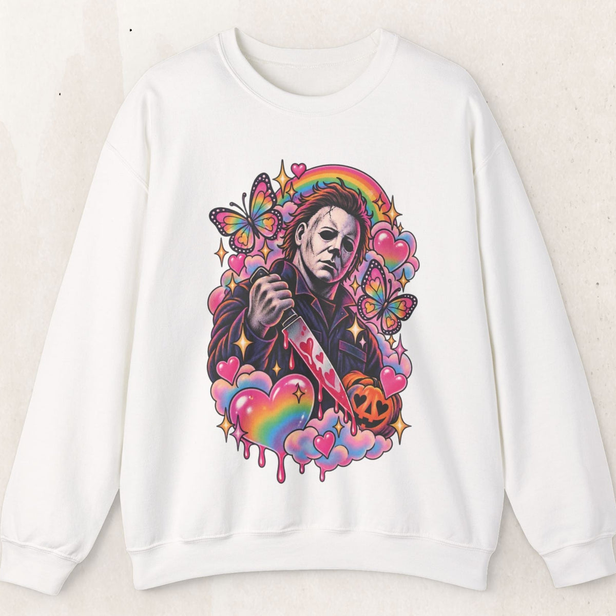 Colorful Michael Myers Horror Heart Crewneck Sweatshirt – White