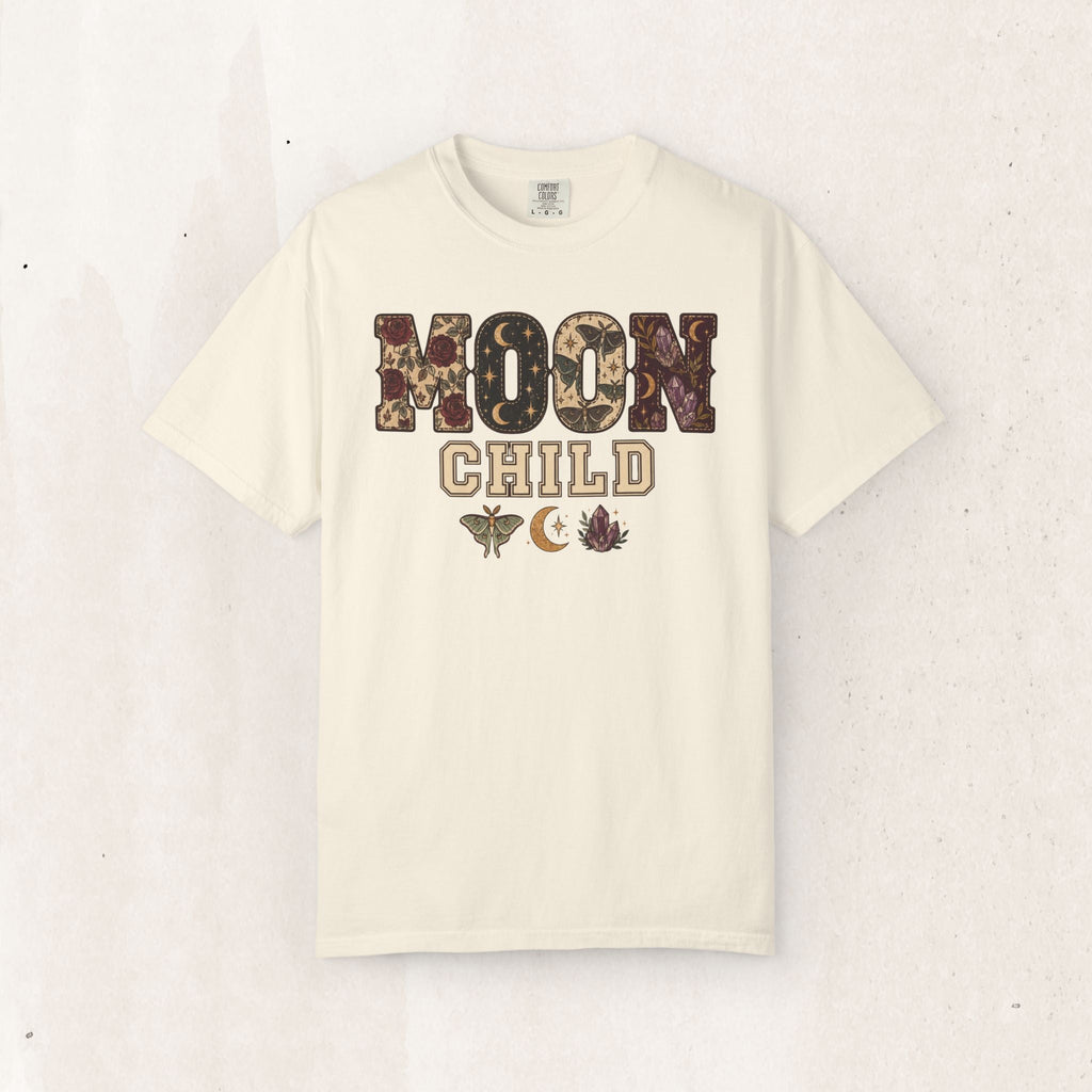Wicked Thread Society cream heavyweight cotton t-shirt with vintage Moon Child floral and celestial graphic print
