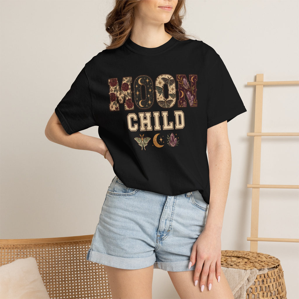 Wicked Thread Society black heavyweight cotton graphic tee featuring Moon Child text with floral and celestial motifs