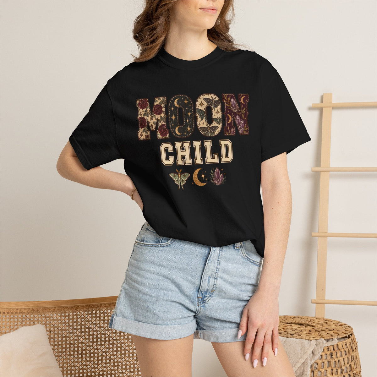 Wicked Thread Society black heavyweight cotton graphic tee featuring Moon Child text with floral and celestial motifs