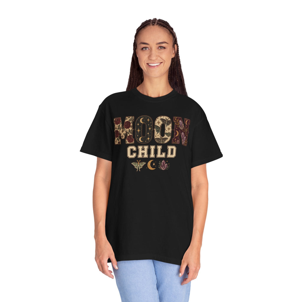 Wicked Thread Society black heavyweight cotton graphic tee with Moon Child floral celestial print on a smiling model